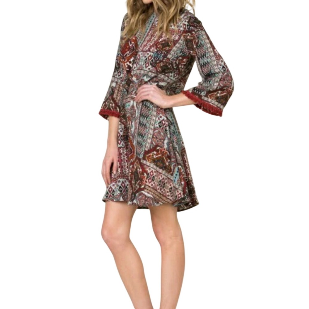 Miss Me Boho Geometric Paisley‎ Tunic Top M Red Patchwork Bell Sleeve Pom Pom